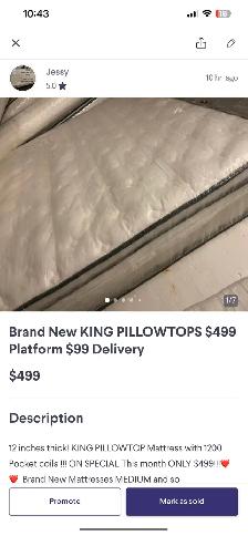 Brand New KING PILLOWTOPS $499 Platform $99 DELIVERY - Photo 6