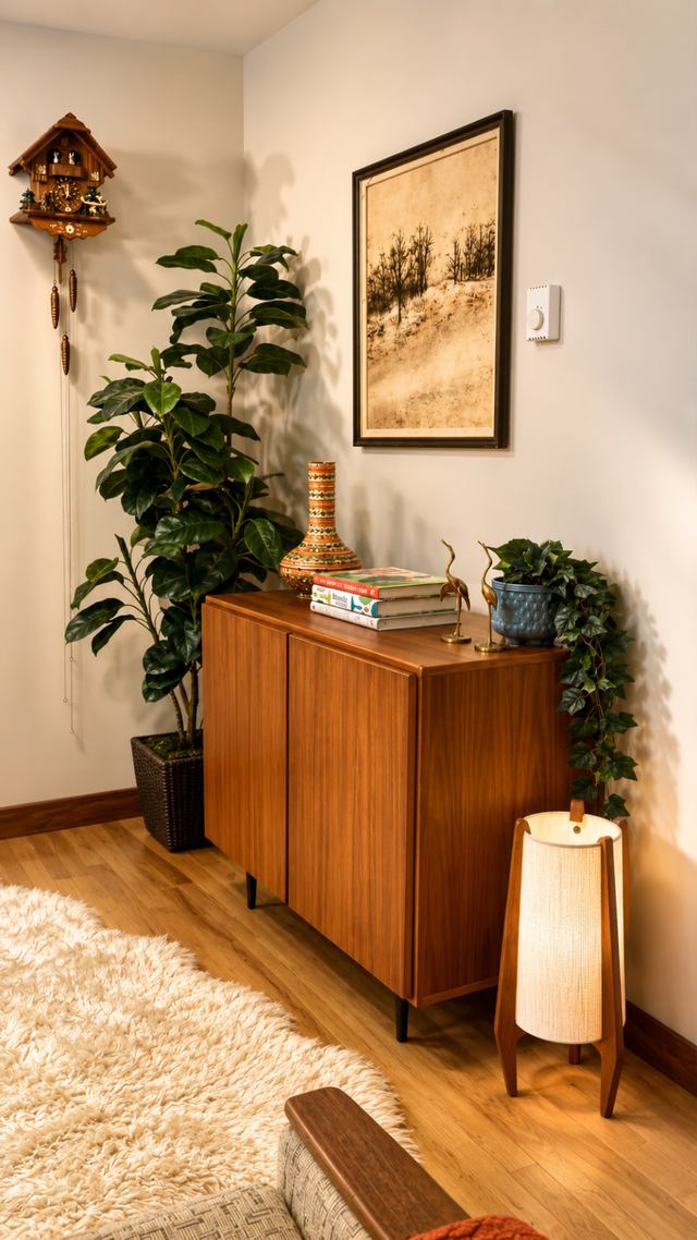 Mid century TEAK TECK. Lampe / Buffet, bahut disques vinyles, cr