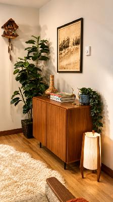 Mid century TEAK TECK. Lampe / Buffet, bahut disques vinyles, cr