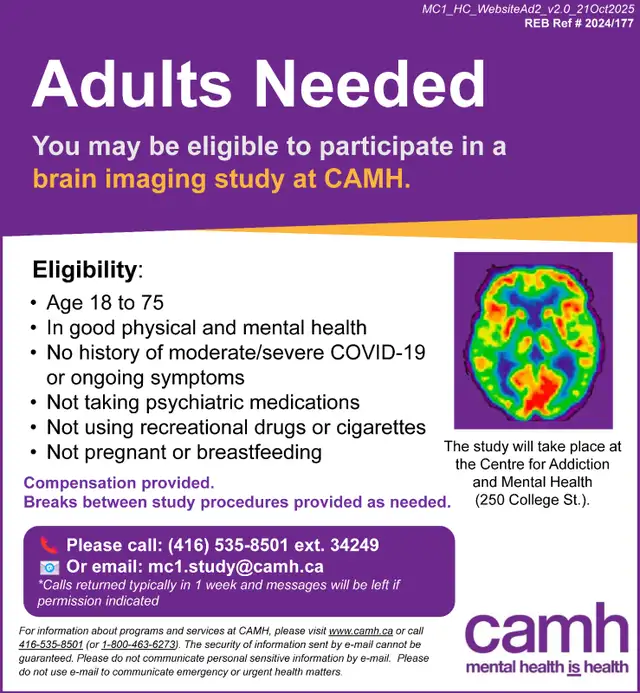 Participants for a brain imaging study at CAMH