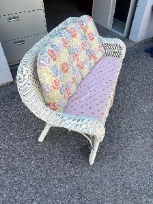 Free delivery used White Wicker Loveseat with Floral Cushions - Photo 2