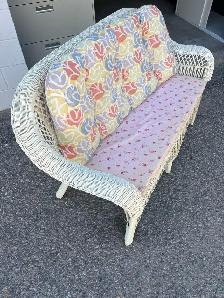 Free delivery used White Wicker Loveseat with Floral Cushions - Photo 3