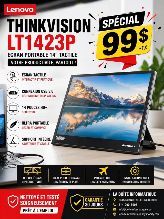 Écran externe Portable Lenovo ThinkVision 14 po Tactile USB 3.0