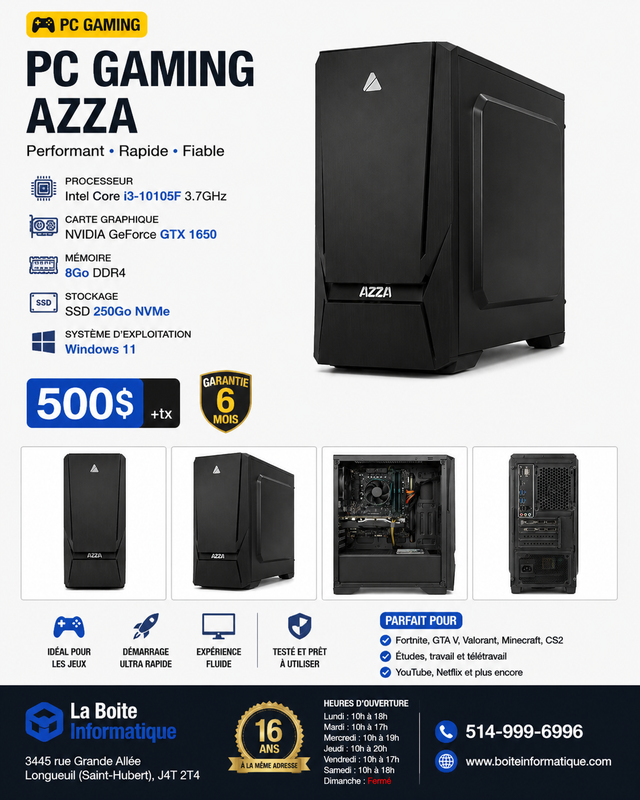 PC Gaming GTX 1650 Intel i3-10105F 8Go DDR4 SSD 250Go NVMe