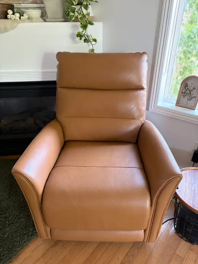 Electric caramel leather recliner