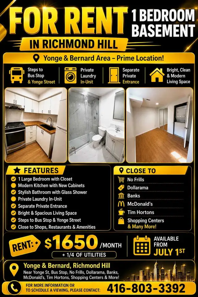 1 Bedroom Basement Apartment for Rent – Richmond Hill (