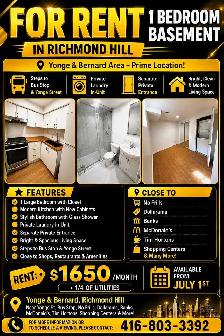1 Bedroom Basement Apartment for Rent – Richmond Hill (