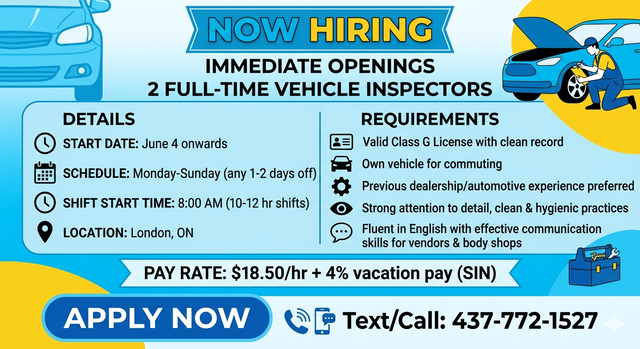 Hiring: Vehicle Inspectors in London, ON