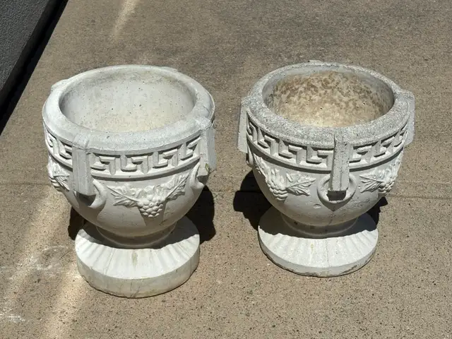 Concrete PAIR Of Garden Planters: Greek Key Motif & Grape Relief