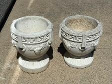 Concrete PAIR Of Garden Planters: Greek Key Motif & Grape Relief