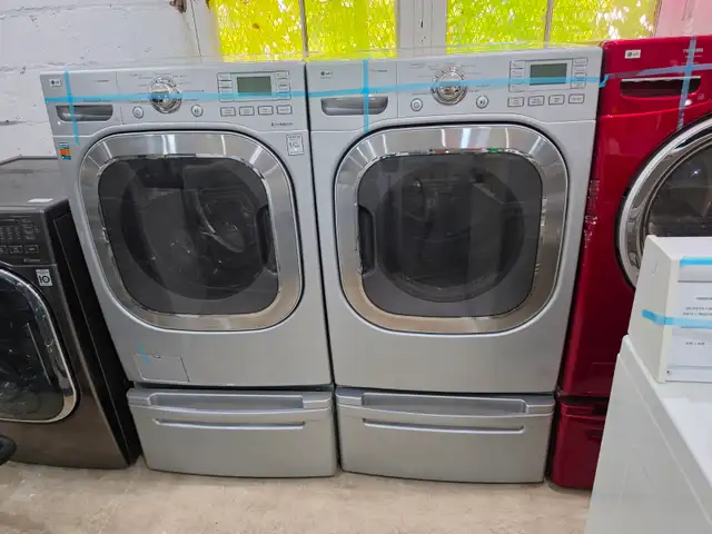 LG Steam 27' Grey Front-Load Stackable Washer Dryer W/ Pedestals
