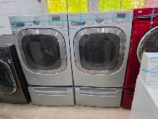 LG Steam 27' Grey Front-Load Stackable Washer Dryer W/ Pedestals