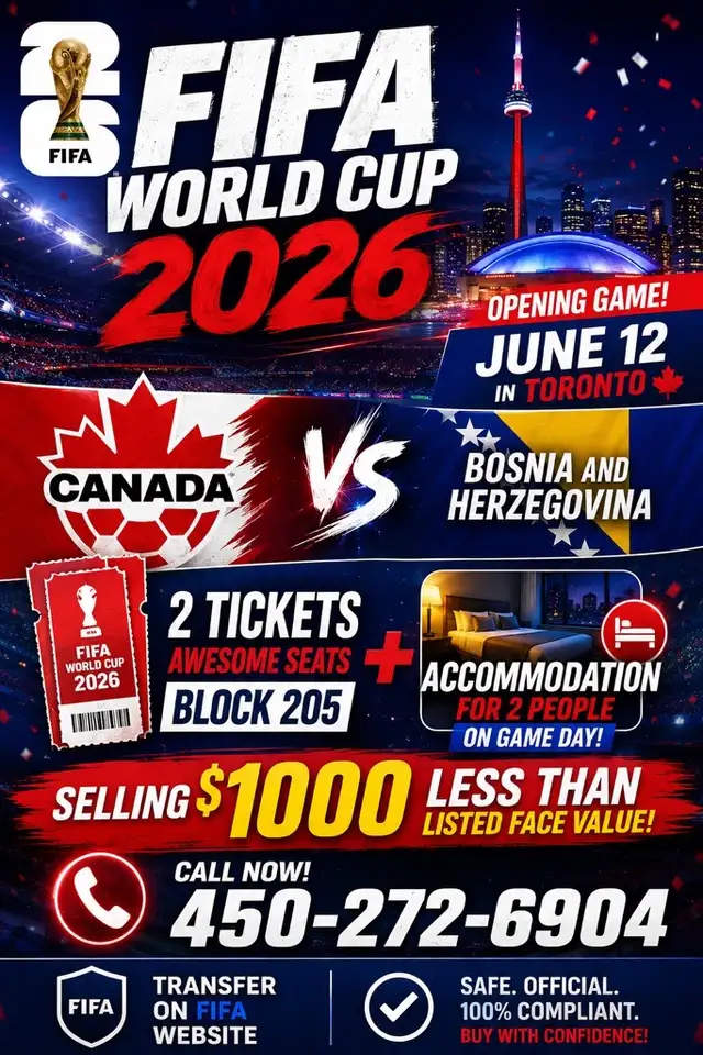 FIFA World Cup June 12 Canada vs Bosnia match incl accommodation