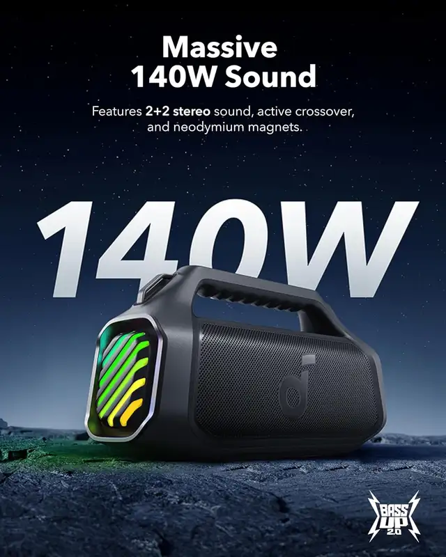 soundcore Boom 2 Plus Outdoor Speaker, 140W, 2 2 Channel, BassUp
