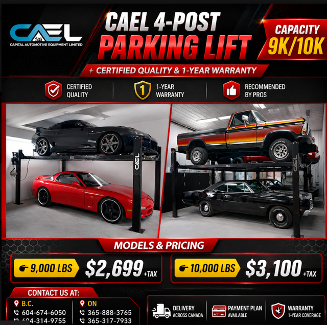 New CAEL 4-Post Parking Storage Lift 9k/10k Capacity – Certified