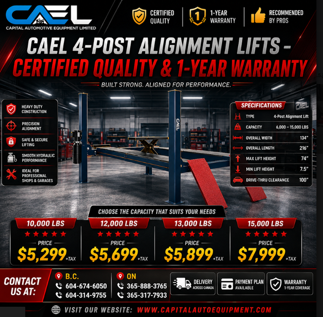 New CAEL 4-Post Hoist Alignment Service Lift – Certified &Warran