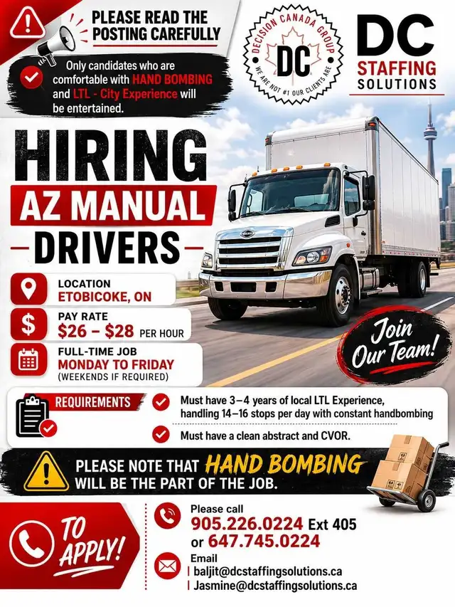 Hiring AZ Manual Drivers ( Hand bombing required)