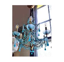 ANTIQUE BLUE MURANO GLASS DROP- GILDED METAL CHANDELIER
