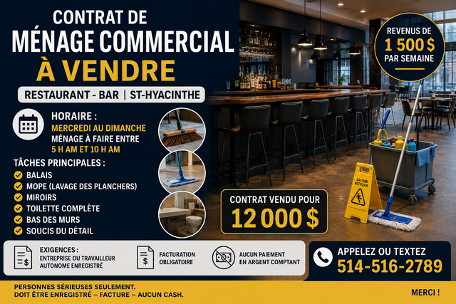 Contrat de Ménage Commercial à Vendre – St-Hyacinthe