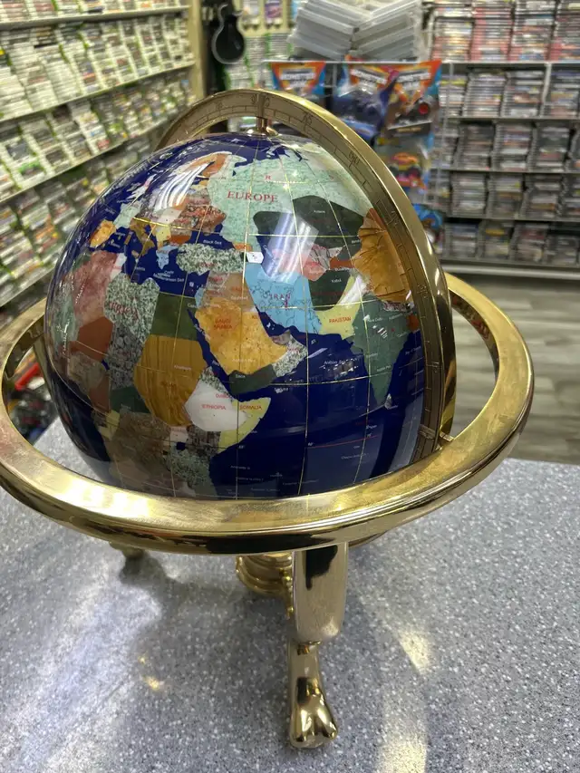 World Globe 15" Gemstone Inlaid On Brads Stand