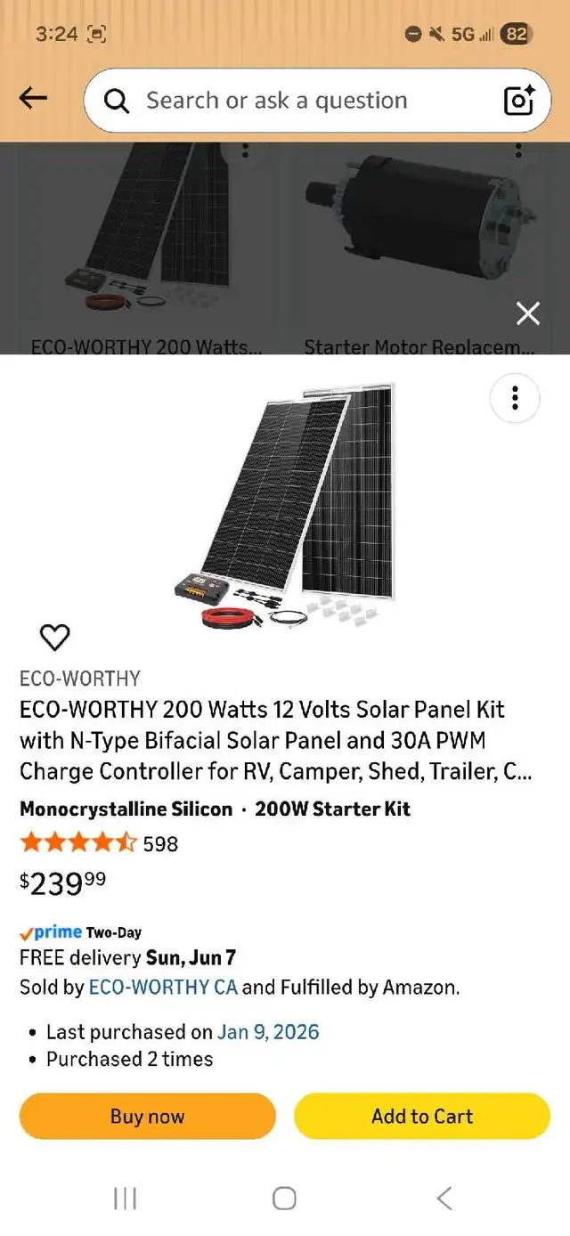 4x100watt solar panels, 2x100ah lith./phosphate batts. ,