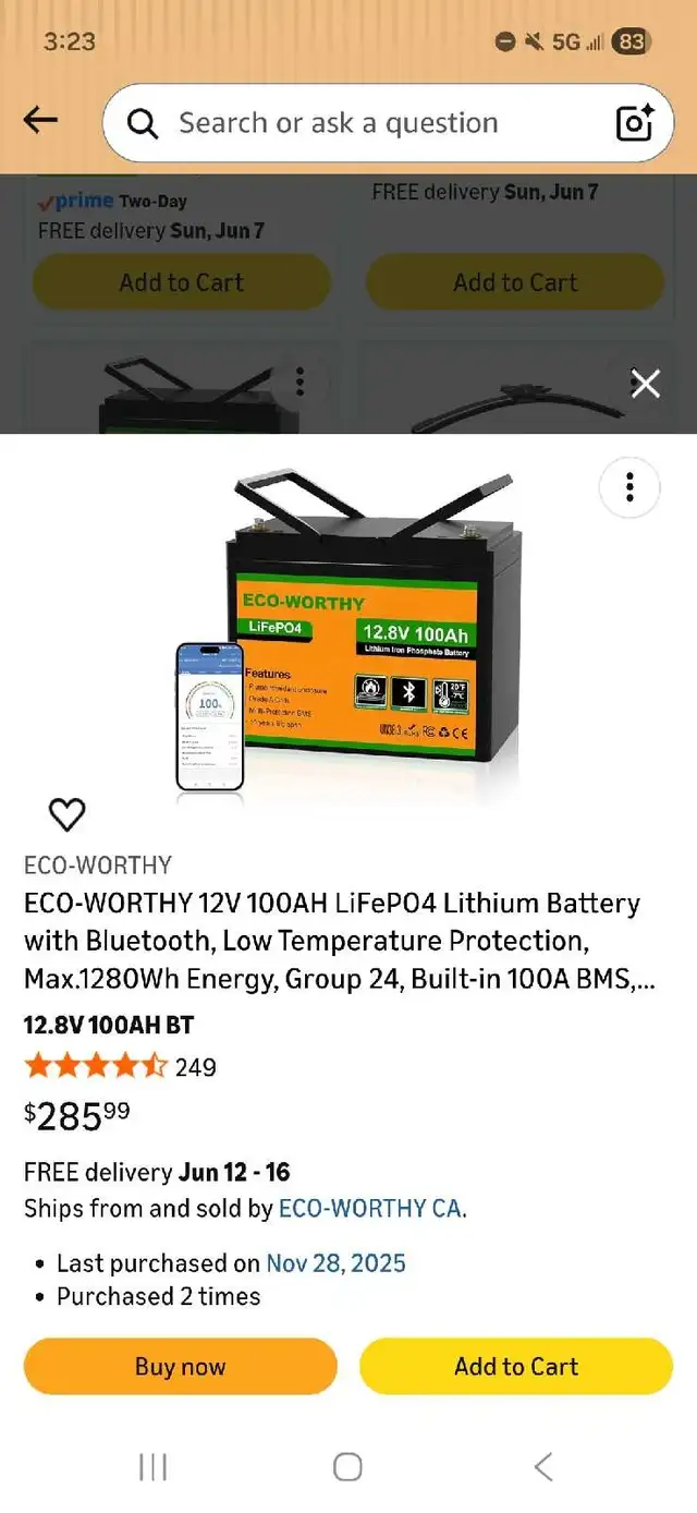 4x100watt solar panels, 2x100ah lith./phosphate batts. ,