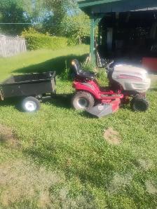 white riding lawnmower,& utility cart,