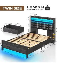 Twin Bed Frame With 2 Storage Drawers & Light - Photo 5