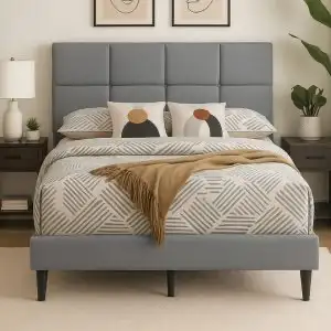 Linen Fabric Grey Platform Bed with Adjustable Headboard