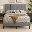 Linen Fabric Grey Platform Bed with Adjustable Headboard