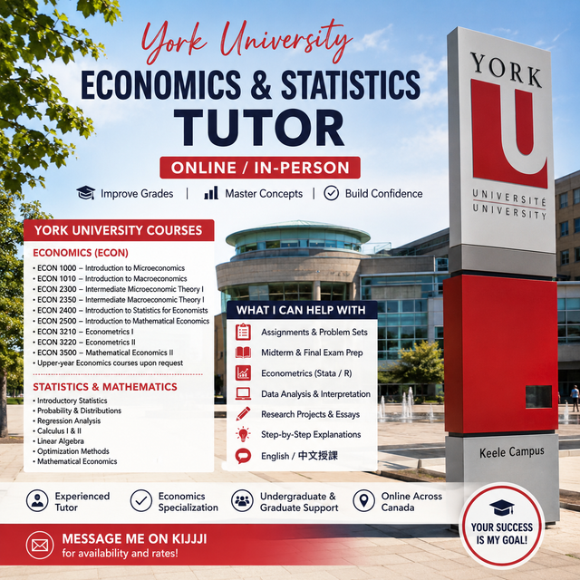 I'm York U Economics, econometrics, Statistics, Calculus Tutor