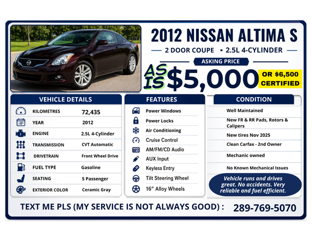 2012 Nissan Altima S 2.5 (Leather Heated Seats) ONLY 72K on it!