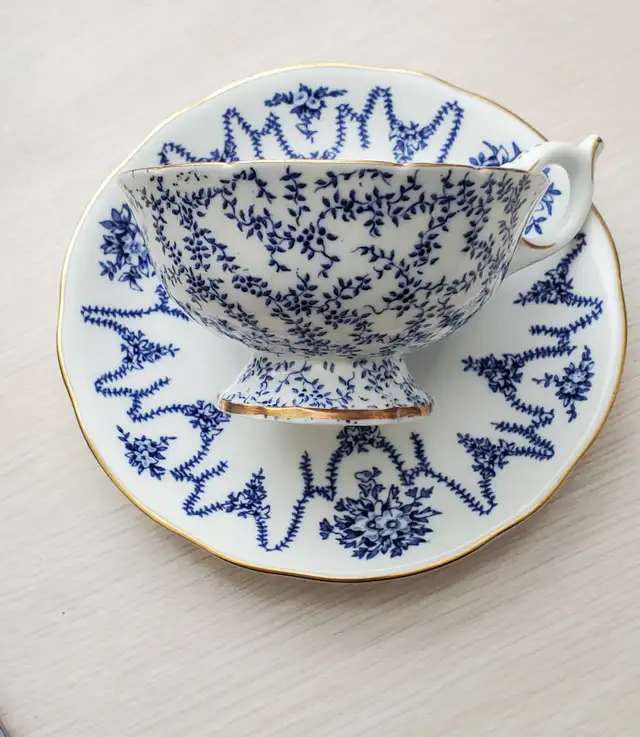 Coalport Teacup & Saucer – Blue & White Floral with Gold Trim