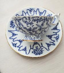 Coalport Teacup & Saucer – Blue & White Floral with Gold Trim