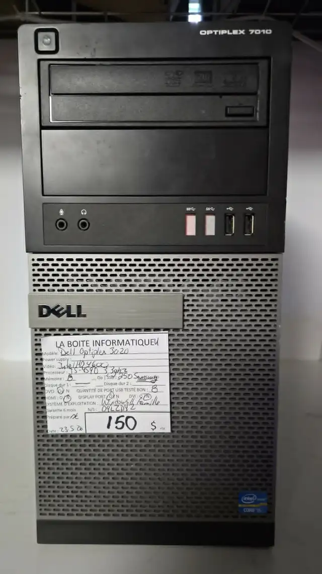 Dell OptiPlex 3020 MT i5-4590 8Go RAM SSD Samsung 250Go HDMI DVD
