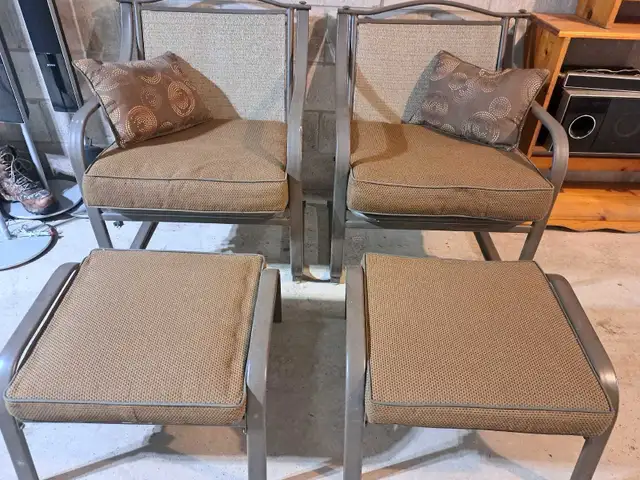 2 Patio Chairs with Cushions and  Footstools