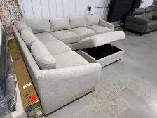 Beige fabric sectional with storage ottoman - Photo 3