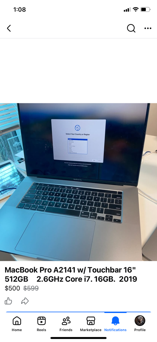 MacBook Pro A2141 W/touchbar 16" 512 GB 2.6 GHz Core i7. 16GB.