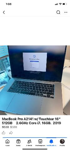MacBook Pro A2141 W/touchbar 16" 512 GB 2.6 GHz Core i7. 16GB.