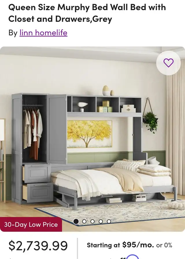 Queen Size White & Grey Murphy Wall Bed with Closet & 2 Drawers,