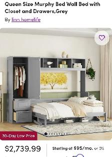 Queen Size White & Grey Murphy Wall Bed with Closet & 2 Drawers,