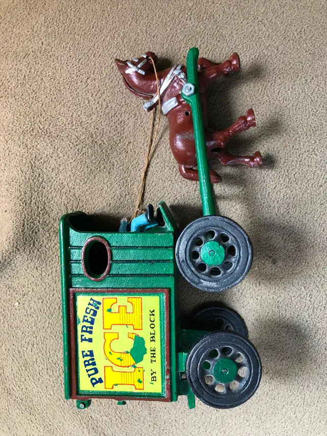 Vintage cast iron Pure Fresh Ice wagon and horse toy