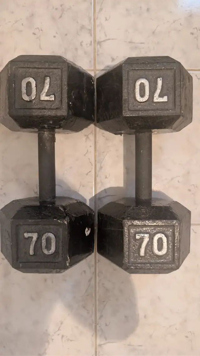 70 lb Cast Iron Hex Dumbbells Pair