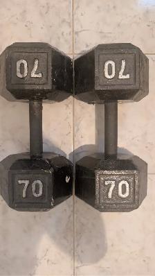 70 lb Cast Iron Hex Dumbbells Pair