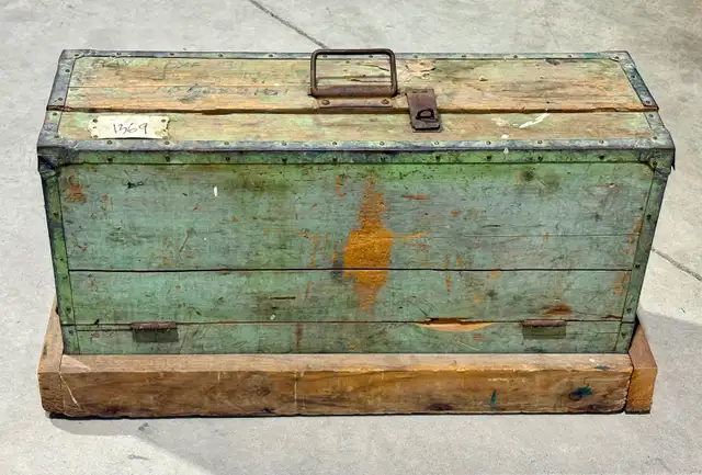 Vintage Unique Wooden Toolbox/Storage Chest- Metal Reinforcement
