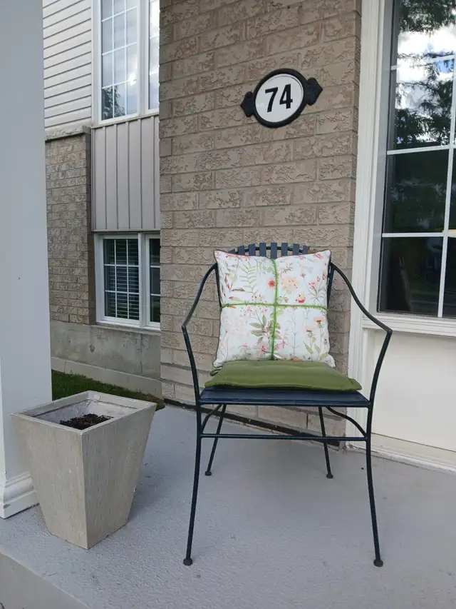 TWO SOLID METAL FRAME AND WOOD PATIO PORCH CHAIRS GOOD COND.