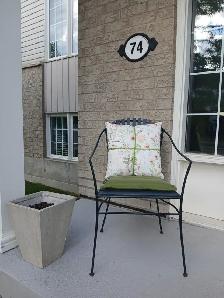 TWO SOLID METAL FRAME AND WOOD PATIO PORCH CHAIRS GOOD COND.