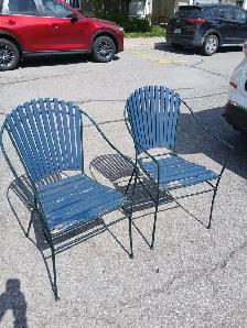 TWO SOLID METAL FRAME AND WOOD PATIO PORCH CHAIRS GOOD COND. - Photo 2