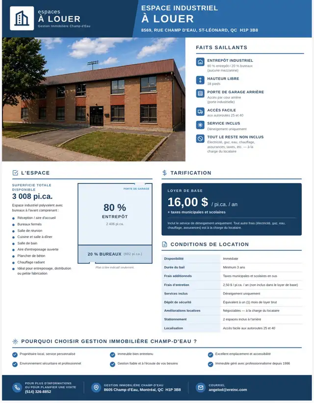 Espace industriel à louer — Saint-Léonard | 3 008 pi.ca