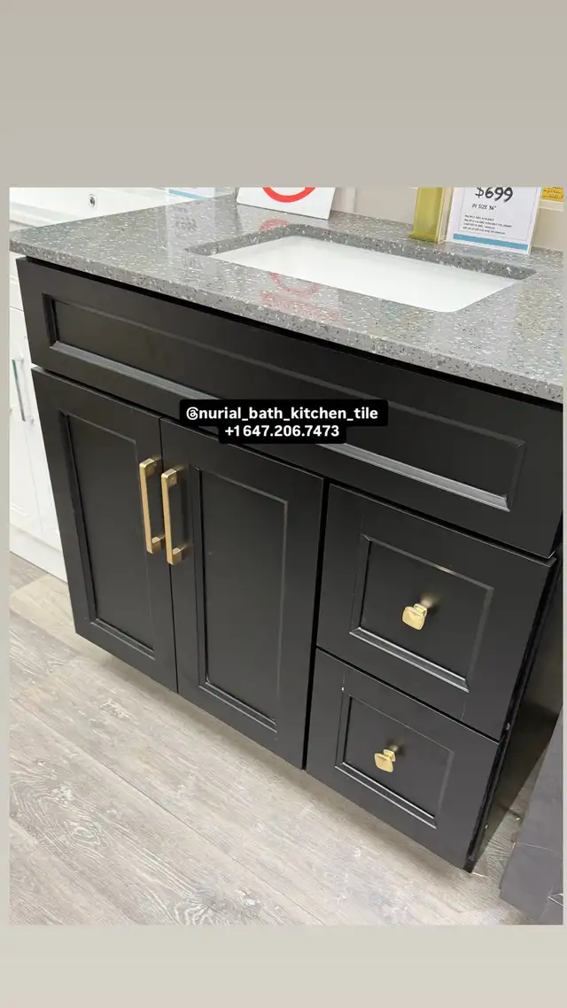 Black Vanity, Kitchen Cabinet, Countertop, Faucet, Mirror